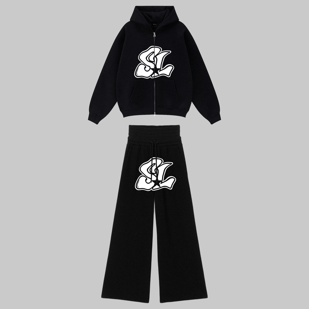 STAR LUXURY ZIPPER HOODIE SET(BLACK)