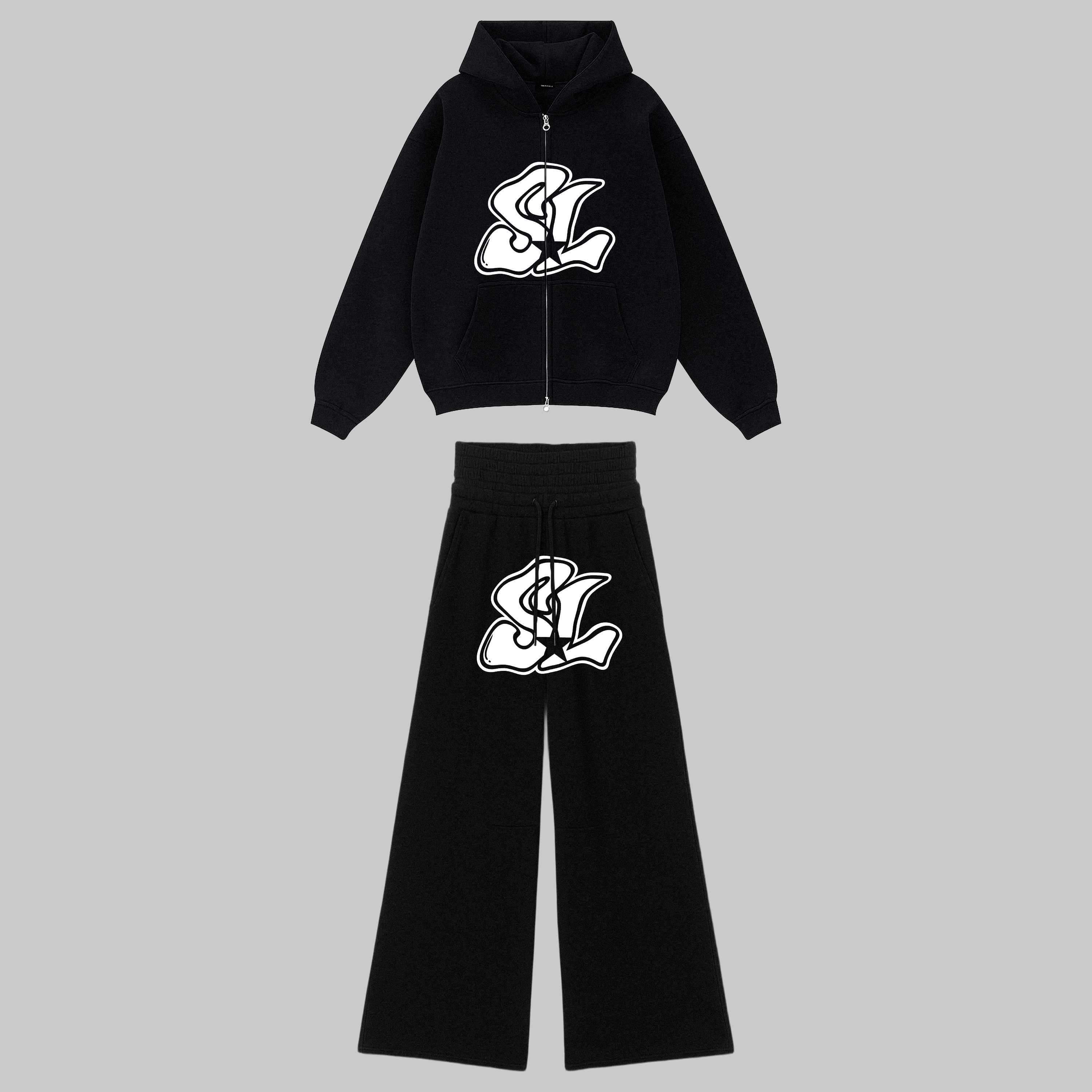 STAR LUXURY ZIPPER HOODIE SET(BLACK)